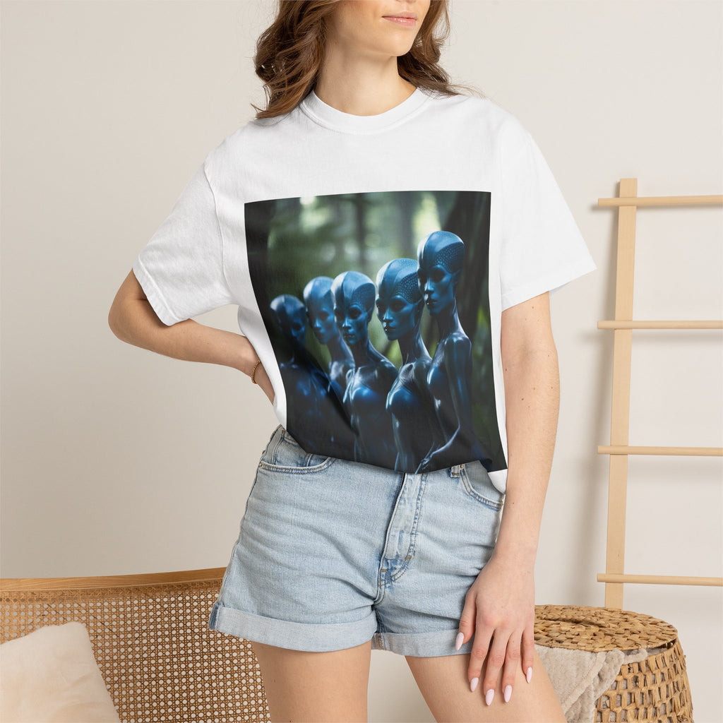 Blue Alien Mannequins T-Shirt | Sci‑Fi Surreal Artwork