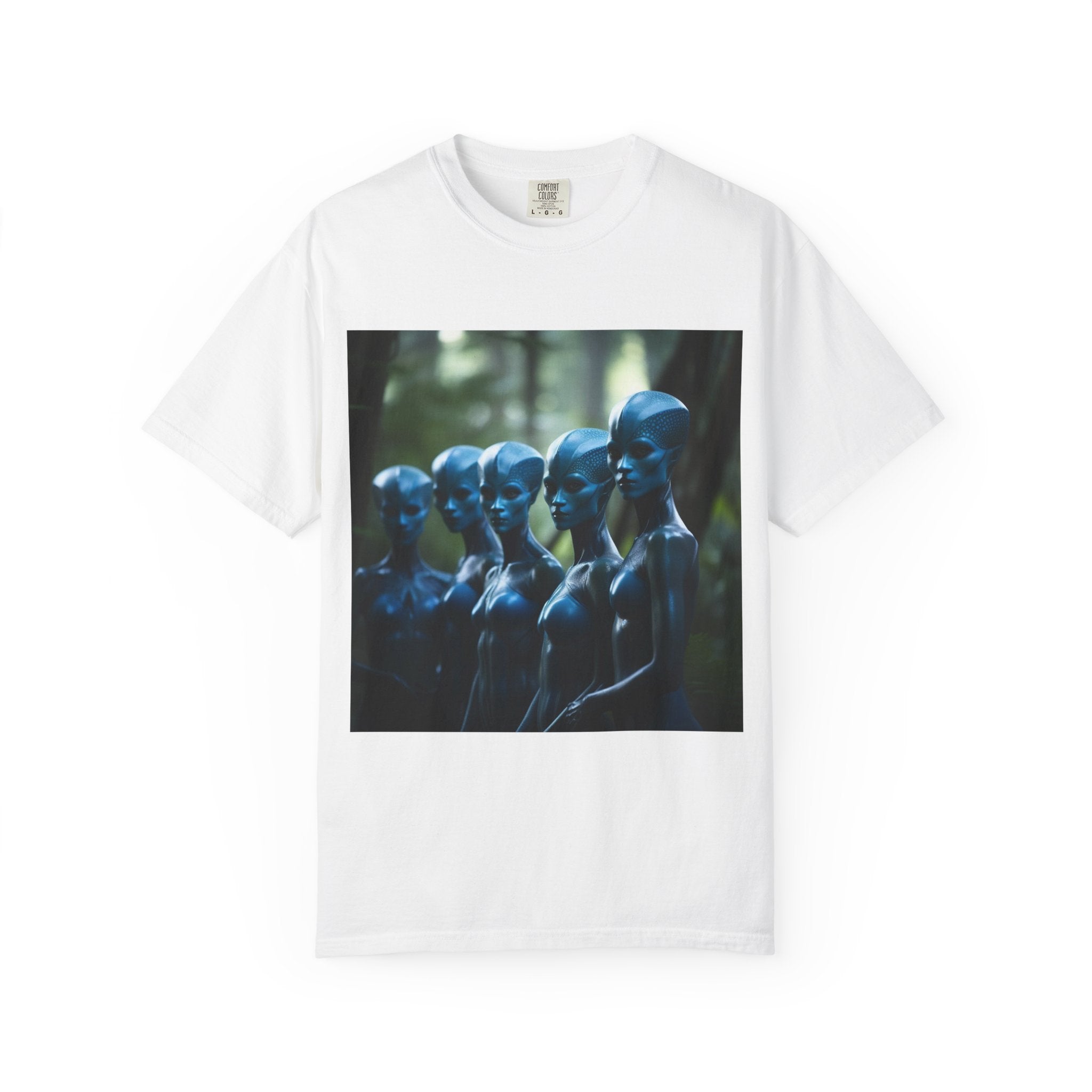 Blue Alien Mannequins T-Shirt | Sci‑Fi Surreal Artwork