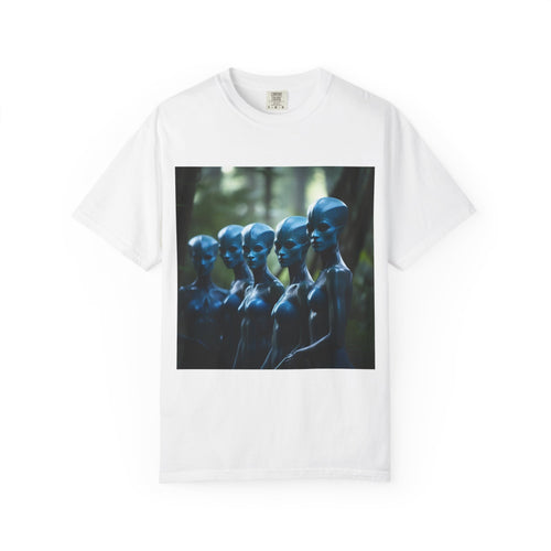 Blue Alien Mannequins T-Shirt | Sci‑Fi Surreal Artwork