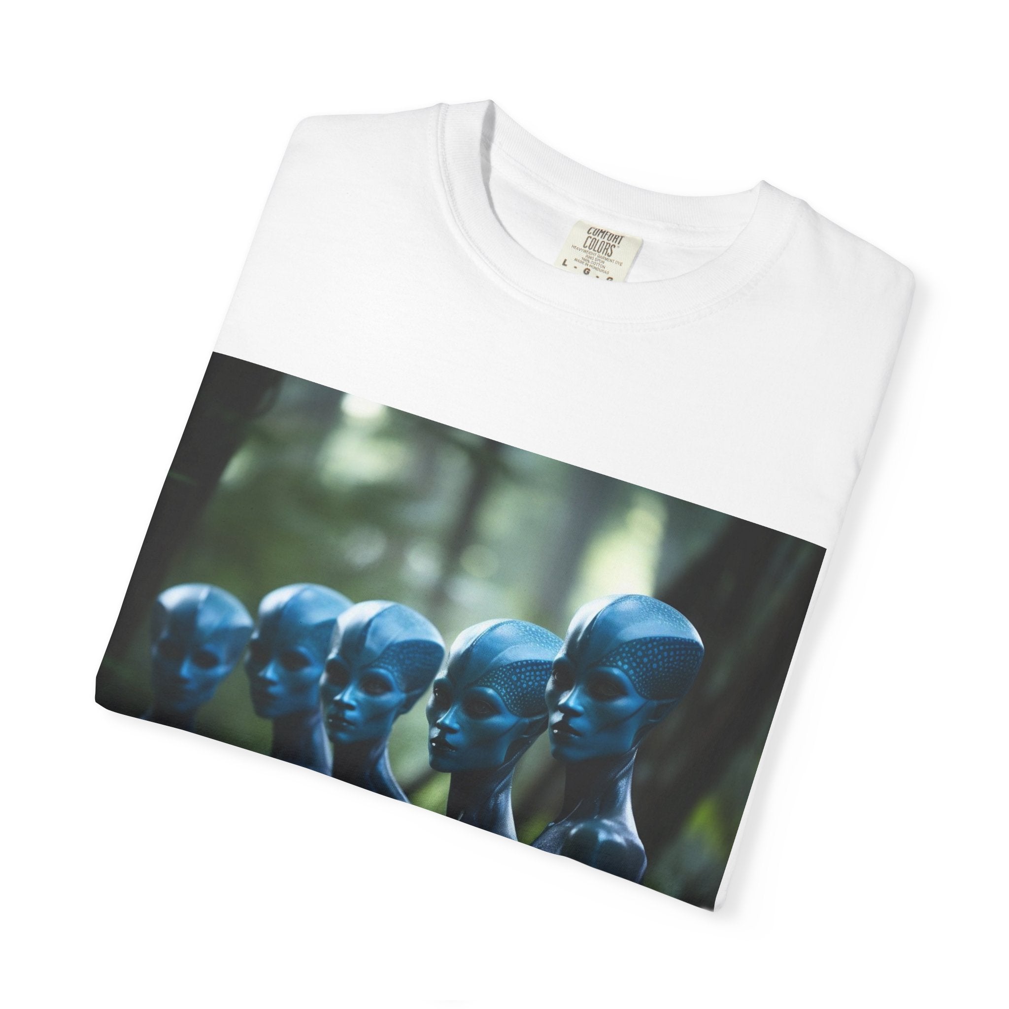 Blue Alien Mannequins T-Shirt | Sci‑Fi Surreal Artwork